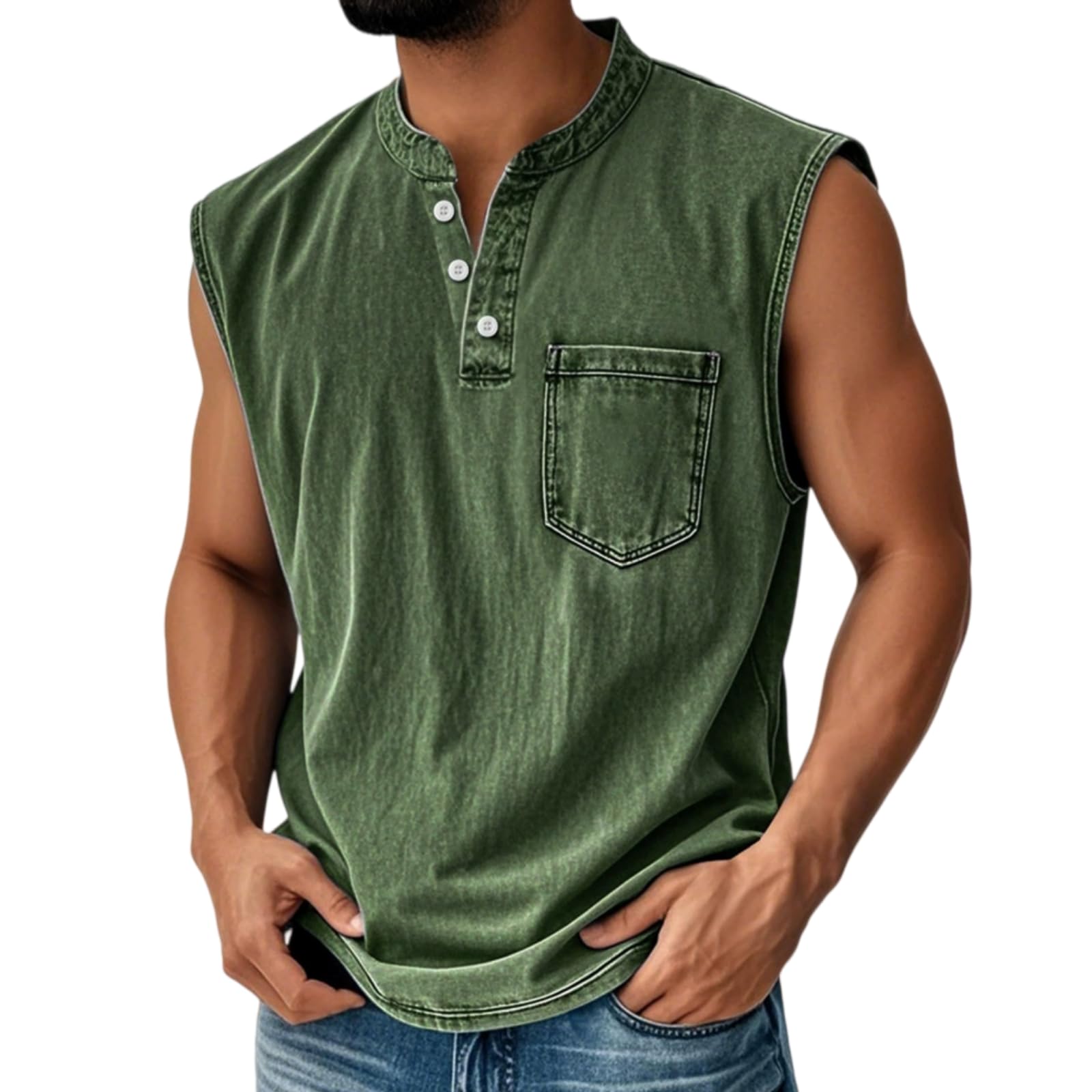 Camiseta sin Mangas para Hombre con Cuello Henley y Corte cómodo, Ideal para Entrenamientos y sesiones Deportivas, con Bolsillos.