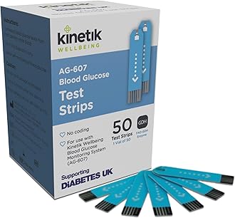 Kinetik Wellbeing Blood Glucose Test Strips, Pack of 50 - Compatible with Kinetik Monitor AG-607 - Home Diabetic Glucose Strips Used by the NHS - For Blood Sugar Level Monitors & Diabetes Management