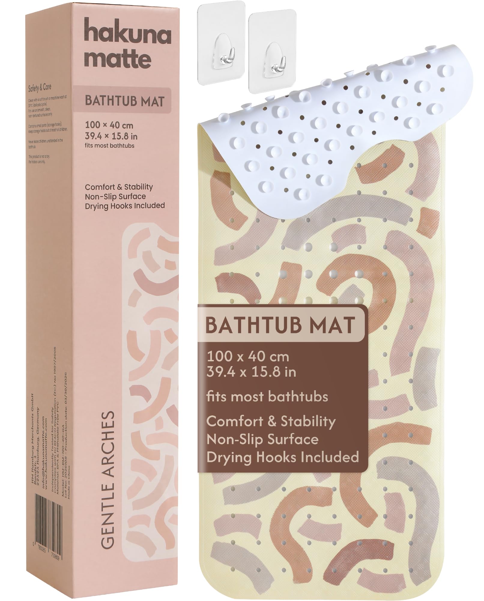 Hakuna Matte Bathtub Mat Gentle Arcs 100 x 40 cm Alfombrilla de baño antideslizante para niños, incluye gancho, antideslizante, sin BPA