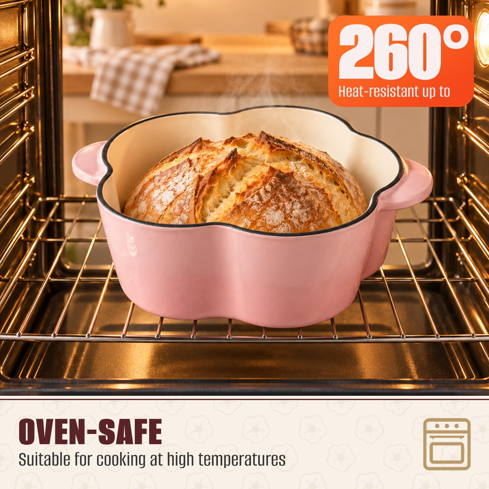Cocotte à pain en fonte émaillée avec couvercle en forme de fleur pour induction et four, compatible avec différents types de plaques de cuisson, rose
