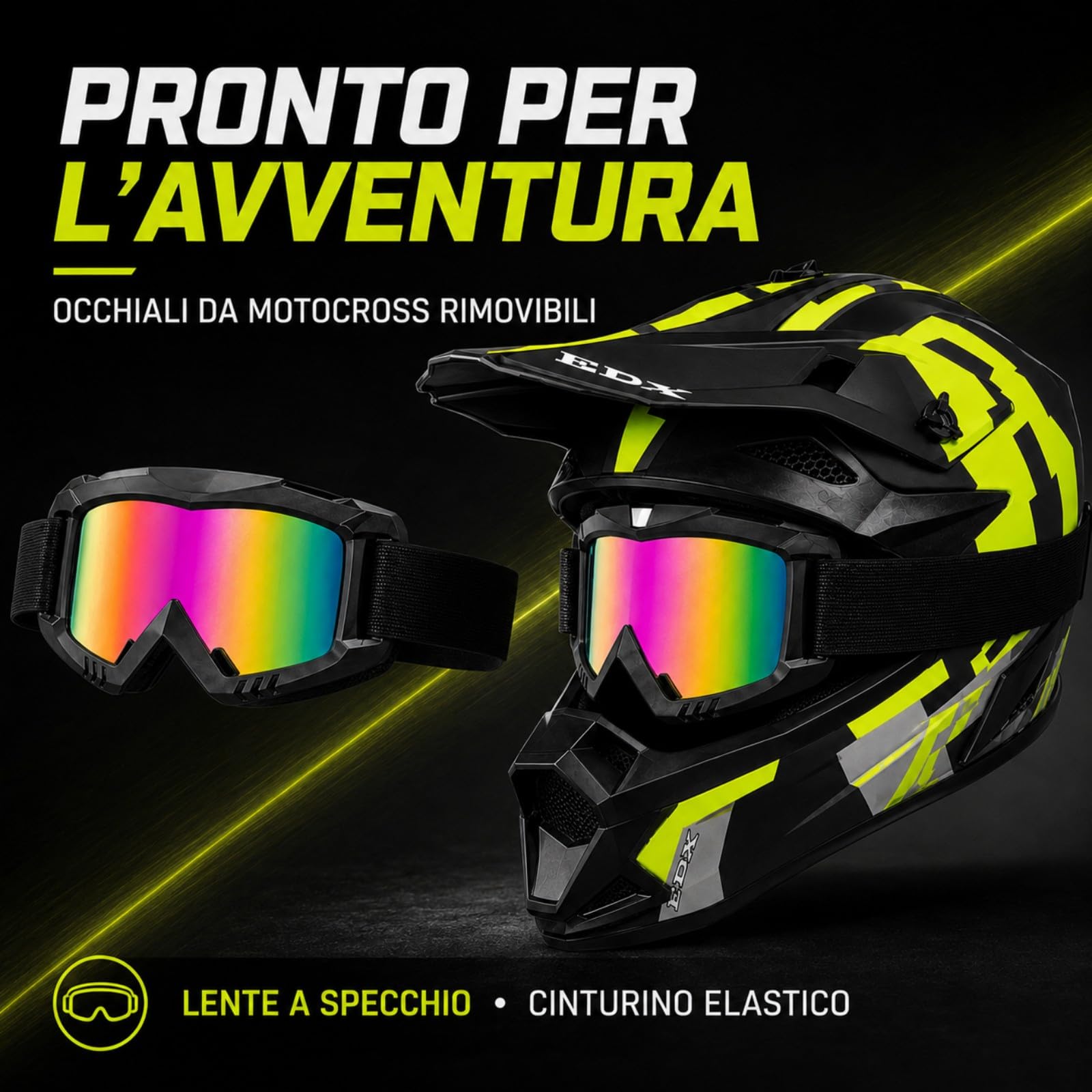 Casco Cross nero opaco e giallo neon con Occhiali e Guanti