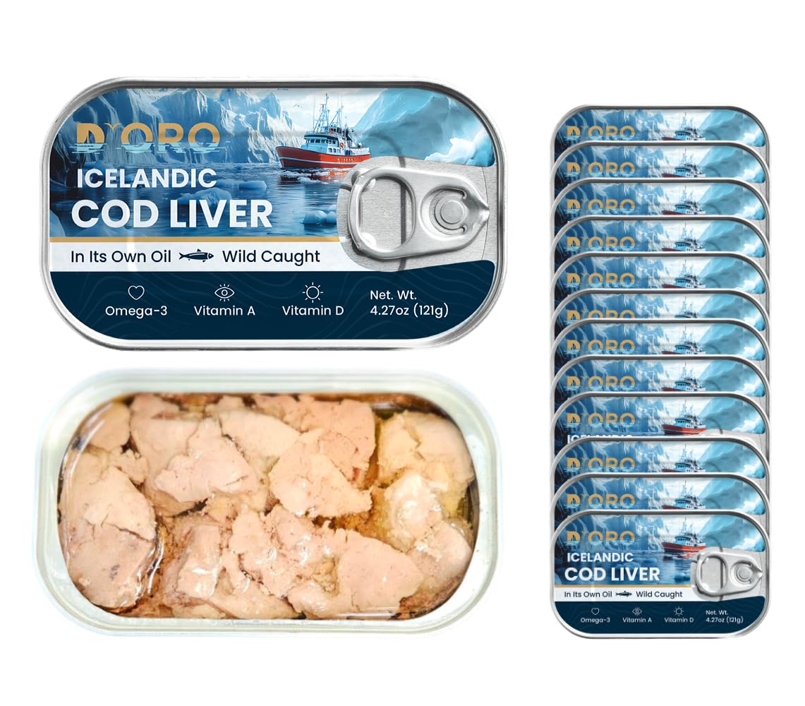 D’ORO Icelandic Cod Liver in Its Own Oil – Silky & Delicate – Wild-Caught – Omega-3 (DHA & EPA) – High in Vitamin D – 4.27oz (121g), Pack of 12