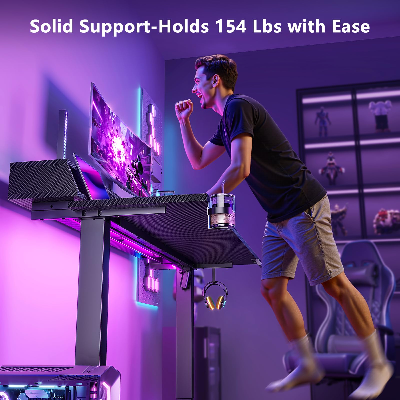 OffiGo Gaming Standing Desk with LED Light 55 Inch Electric Height Adjustable Table with Power Outlet Monitor Stand — view 3