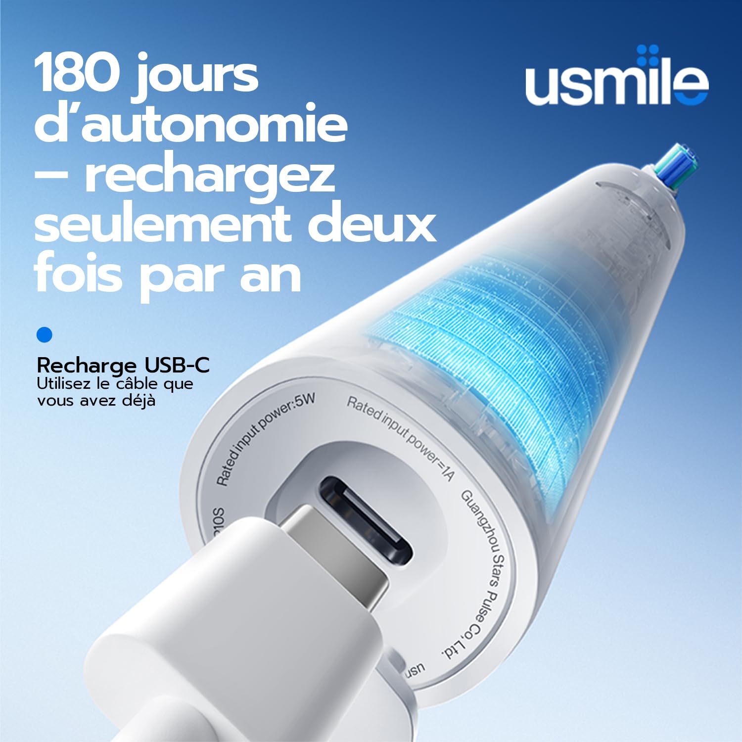 usmile P10S Brosse à Dent Électrique - 3 Modes : Nettoyage Profond & Blanchiment, Autonomie 180 Jours, Tête à Brosse Souple Gencives pour Dents Sensibles, Minuterie Intelligente, 2 Têtes de Rechange