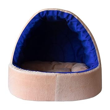 Mellifluous Small Size Dog & Cat Cave Velvet Pet Bed Length 48 cm Width 48 cm Height 40 cm (Small, Cream-Blue)