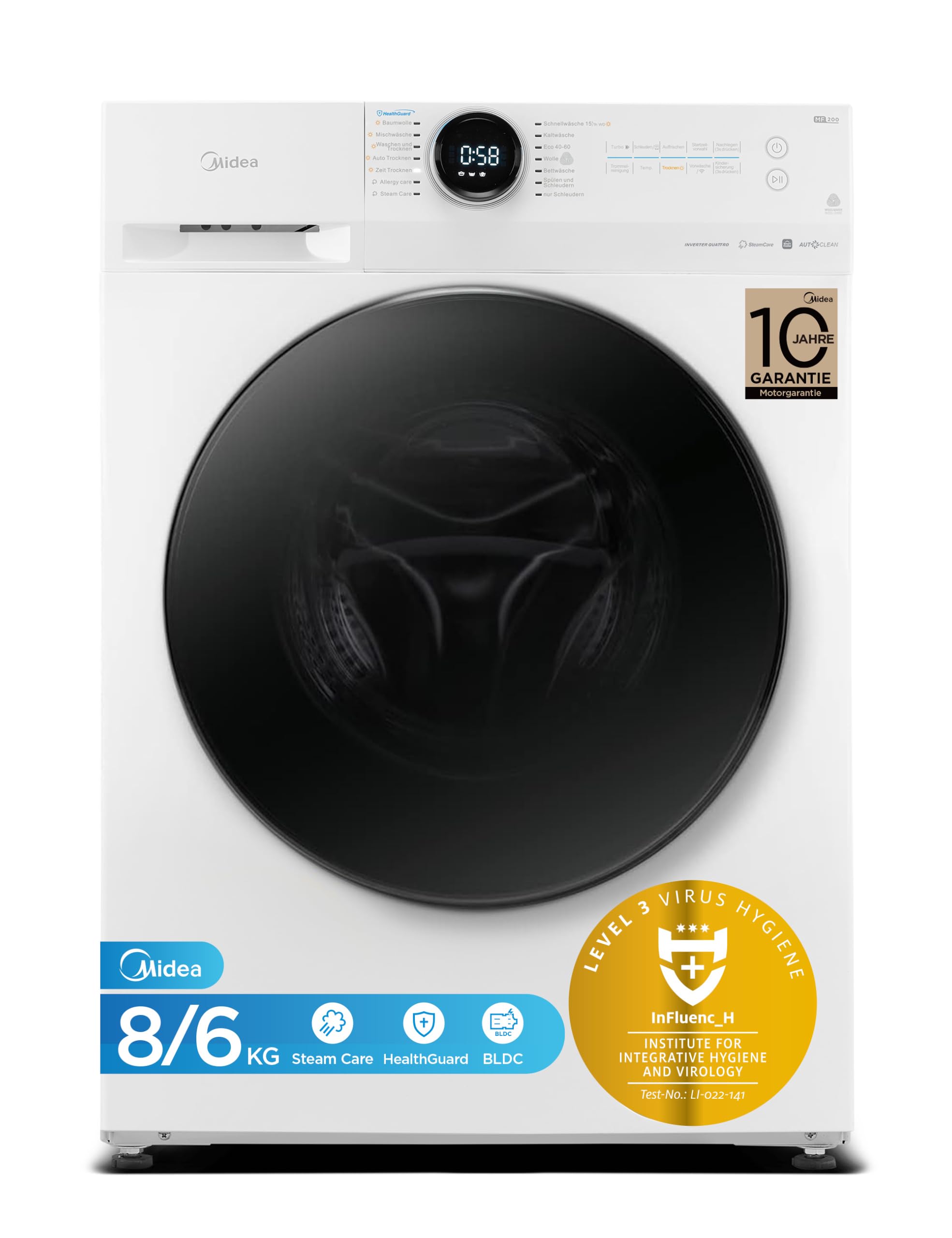 Midea MF200D86WB-14EAS Waschtrokner, 8/6kg, Inverter Motor, 60 Min. Waschen und Trocknen, Steam Care, Turbo Wash, 48 cm tief, APP-Steuerung, AquaStop