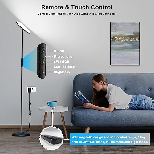 Miniatura 10 de Lámpara de pie LED, lámpara de pie brillante de 36 W 3600 lúmenes, equivalente a 350 W con control remoto y táctil, lámpara de pie moderna con