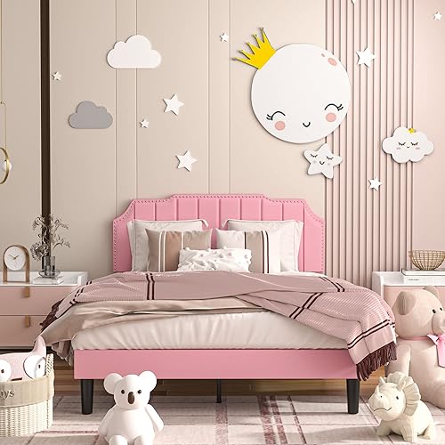 Miniatura 50 de VECELO Base de cama tamaño Queen tapizada con cabecera ajustable copetuda/base de colchón con soporte de listones de madera, fácil montaje, azul