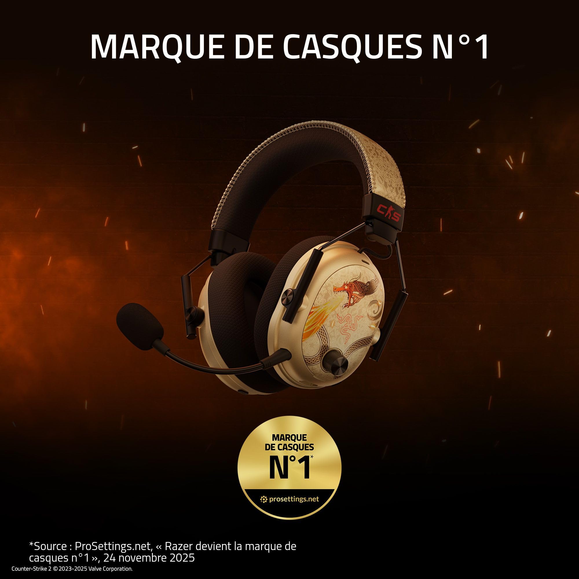 Razer BlackShark V3 Pro CS2 - Casque sans Fil pour e-Sport avec réduction du Bruit - Haut-parleurs Audio 50mm - Microphone Amovible - HyperSpeed 2,4 GHz & Bluetooth - PC/Mac | Dragon Lore