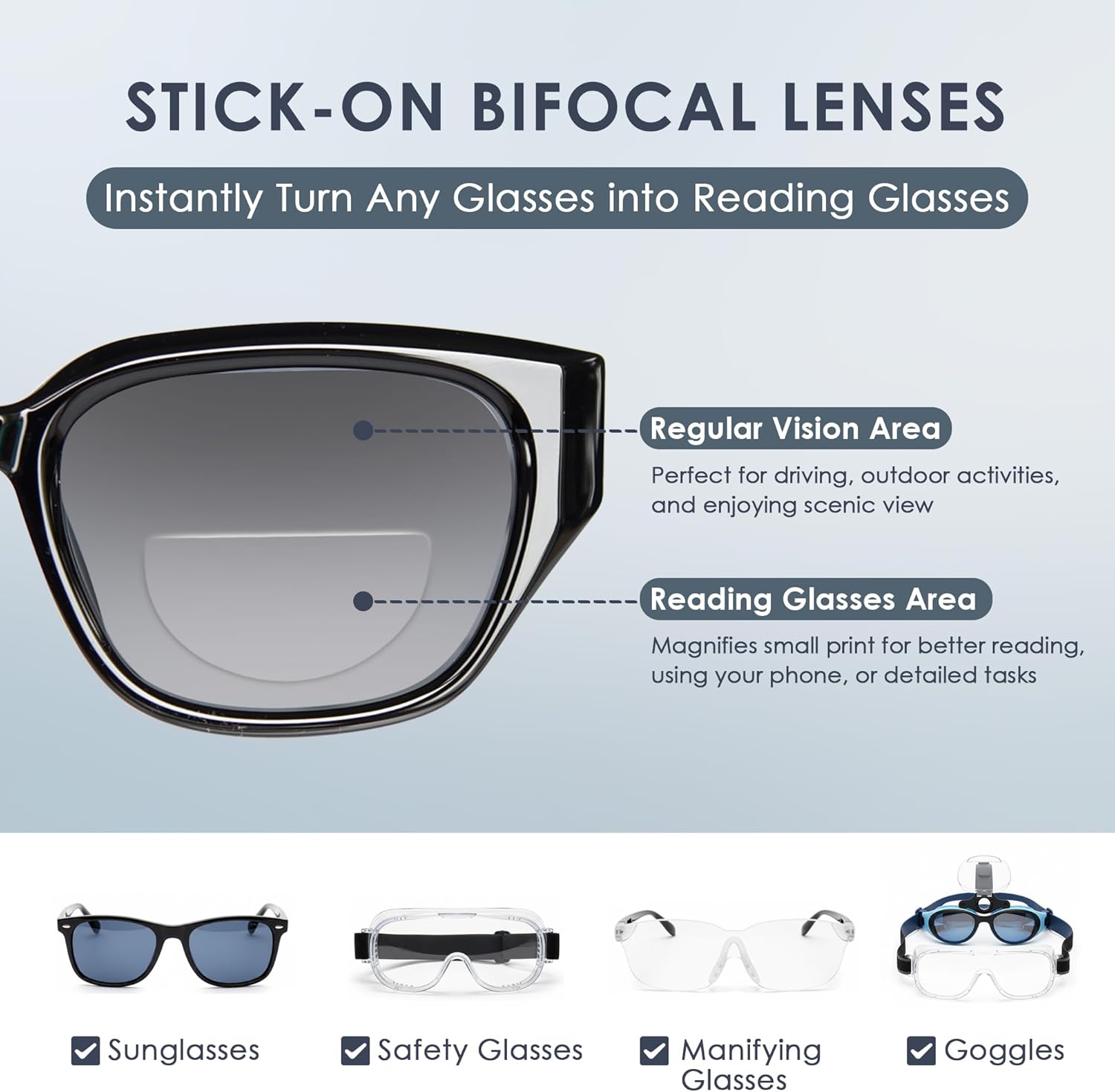 Stick-On Bifocal Lenses - Convert Sunglasses, Goggles & Safety Glasses into Reusable Reading Glasses No Water Needed - Image 2
