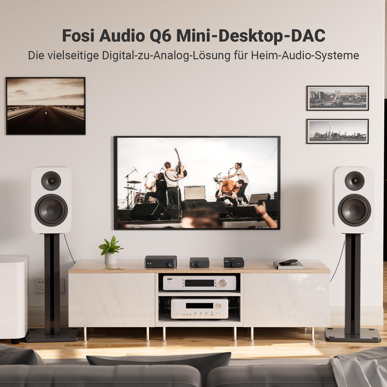 Fosi Audio Q6 Mini-Desktop-DAC, USB C Digital-Analog-Audio-Wandler für Heim-Stereo-Verstärker und Kopfhörerverstärker, optischer/koaxialer Eingang, RCA-Ausgang/Sub-Out, Hi-Res 32bit/768kHz DSD512