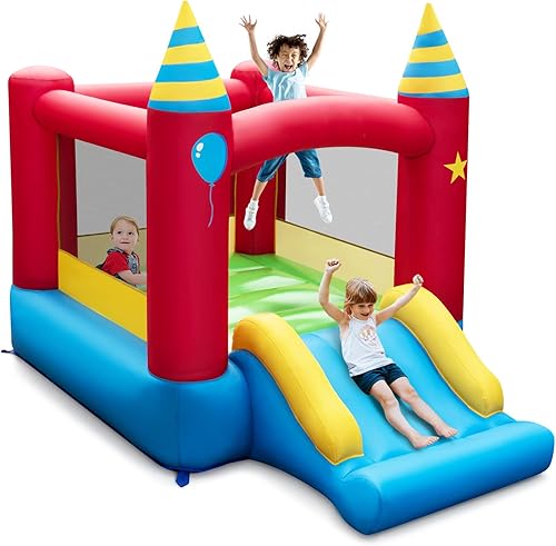 Miniatura 16 de HONEY JOY Casa de rebote inflable, castillo hinchable para niños con tobogán y área gigante de rebote, bolsa de transporte Oxford, estacas, castillo