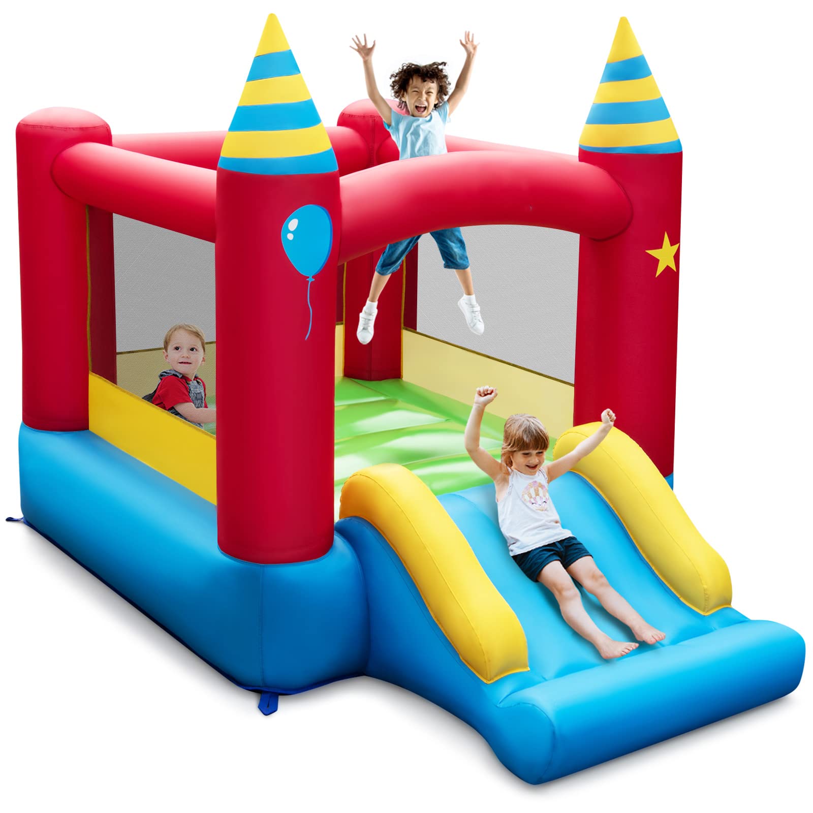 Maxmass Kids Bounce House, Inflatable Bouncy Castle with Carry Bag and Slide, Indoor Outdoor Children Jumping House Blow up Castle for 3-10 Years Old (Birthday Theme)