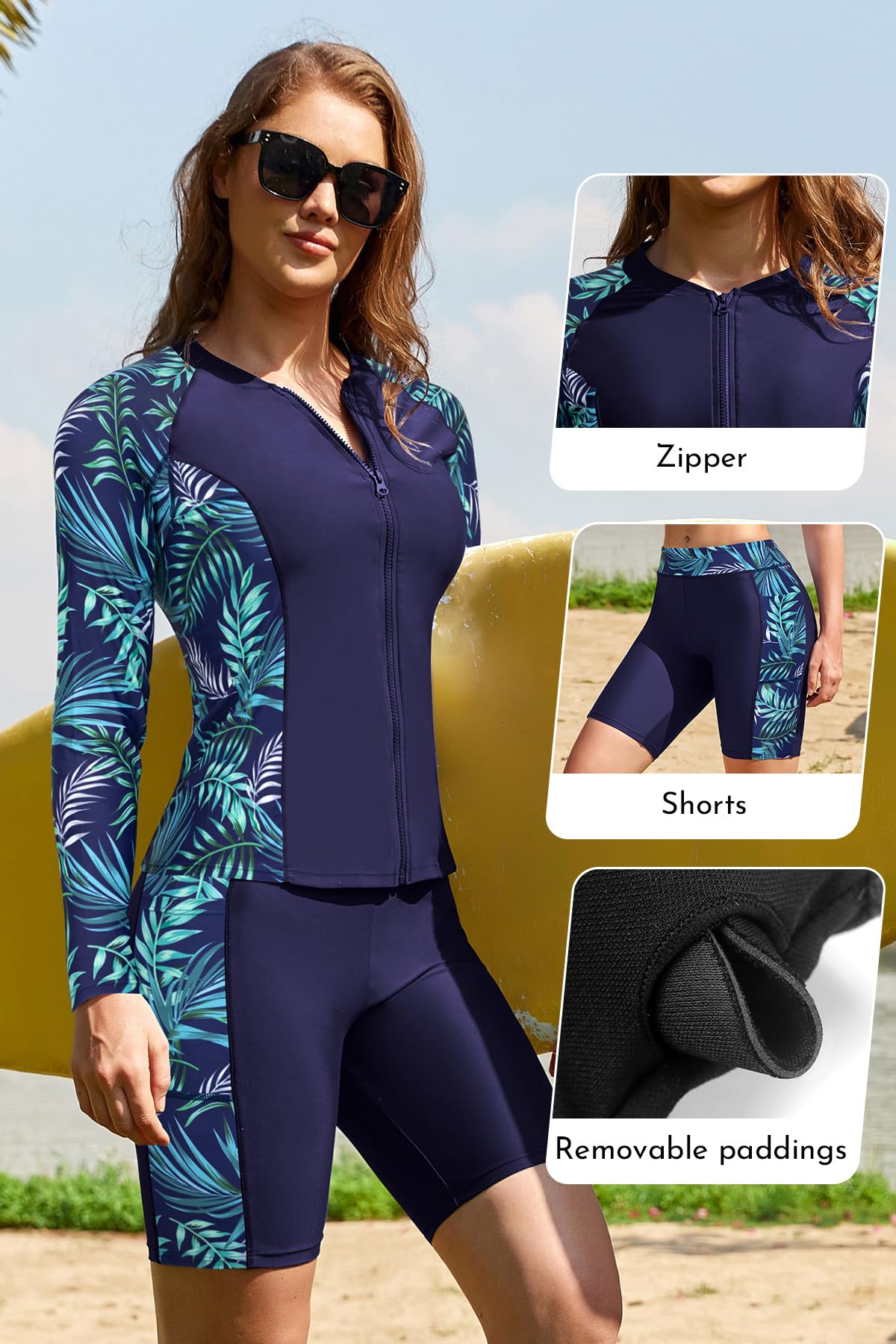 SHEKINI Costume da bagno sportivo da donna, a maniche lunghe, con cerniera, 3 pezzi, con pantaloncini