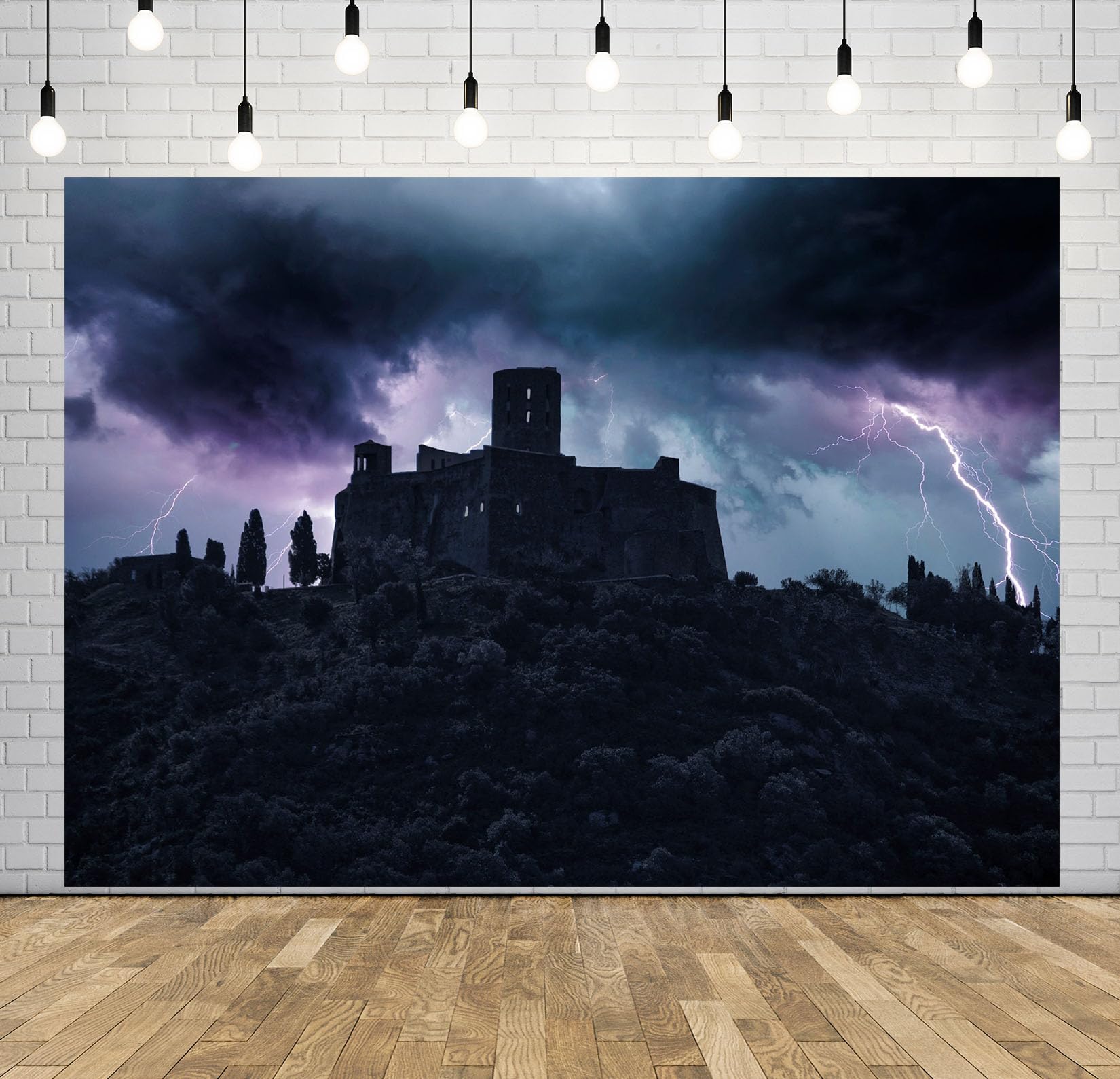 20x10FT (6x3m) Silhouette Di Castello Sotto I Fulmini Sfondo Fotografico