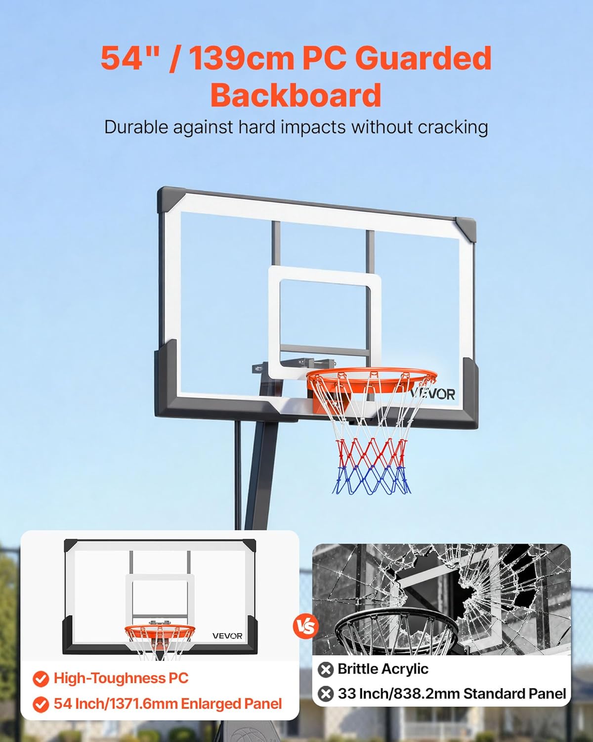 VEVOR Basketball Rim 18", Basketball Hoop 44 48 50 54 Inchs PC Backboard, 4.4-10FT Height Adjustable, Basketball Portable Hoop& Goal, Indoor/Outdoor Classic Basketball Court, Teen Adult School Park