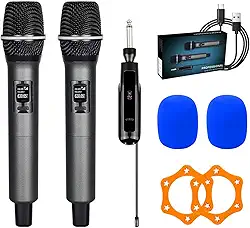 Microfones sem fio, microfone sem fio UHF portátil com alcance de 15 m, receptor recarregável ultra-estável, baixa latência, som claro para cantar, karaokê, discurso, festa em casa