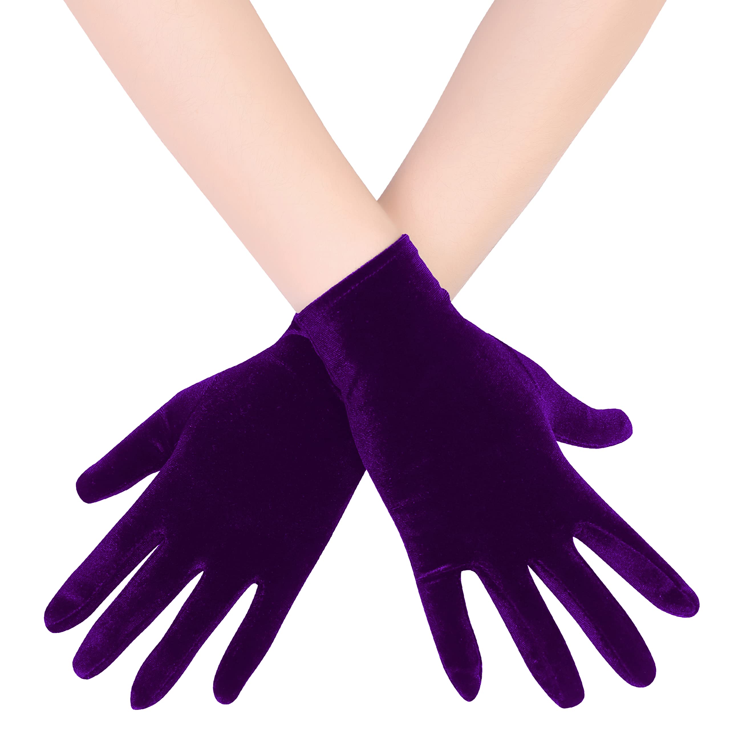 EORUBE Short Opera Velvet Gloves for Women 1920s Flapper Stretchy Wrist Length Banquet Gloves Tea Party Halloween Costume (Deep Purple)