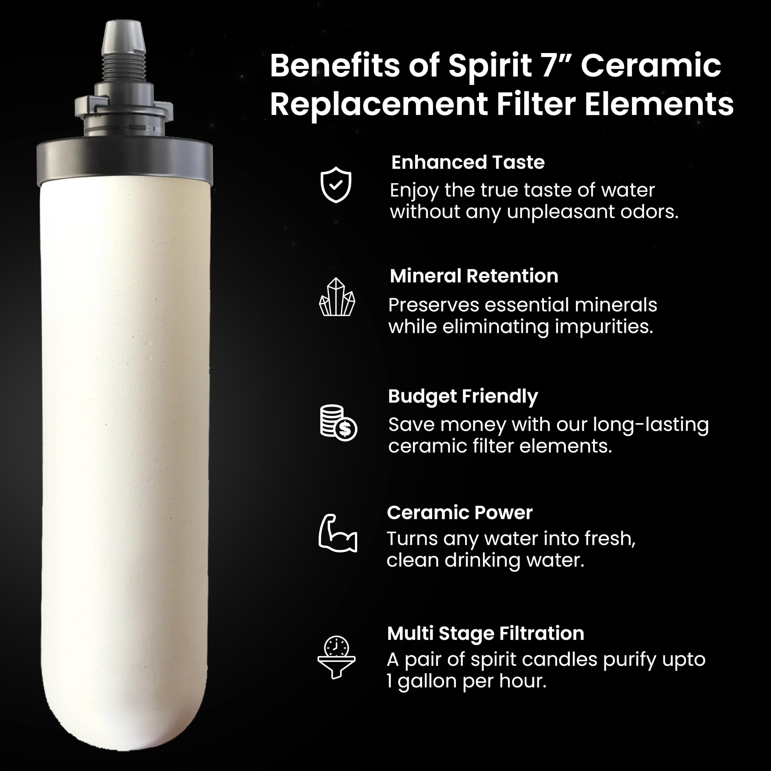 RAMA Spirit - Vela de cerámica de 7 pulgadas para filtro de agua y purificador de acero inoxidable para el hogar, filtración avanzada de 3 etapas, tecnología del Reino Unido con carbón activado,