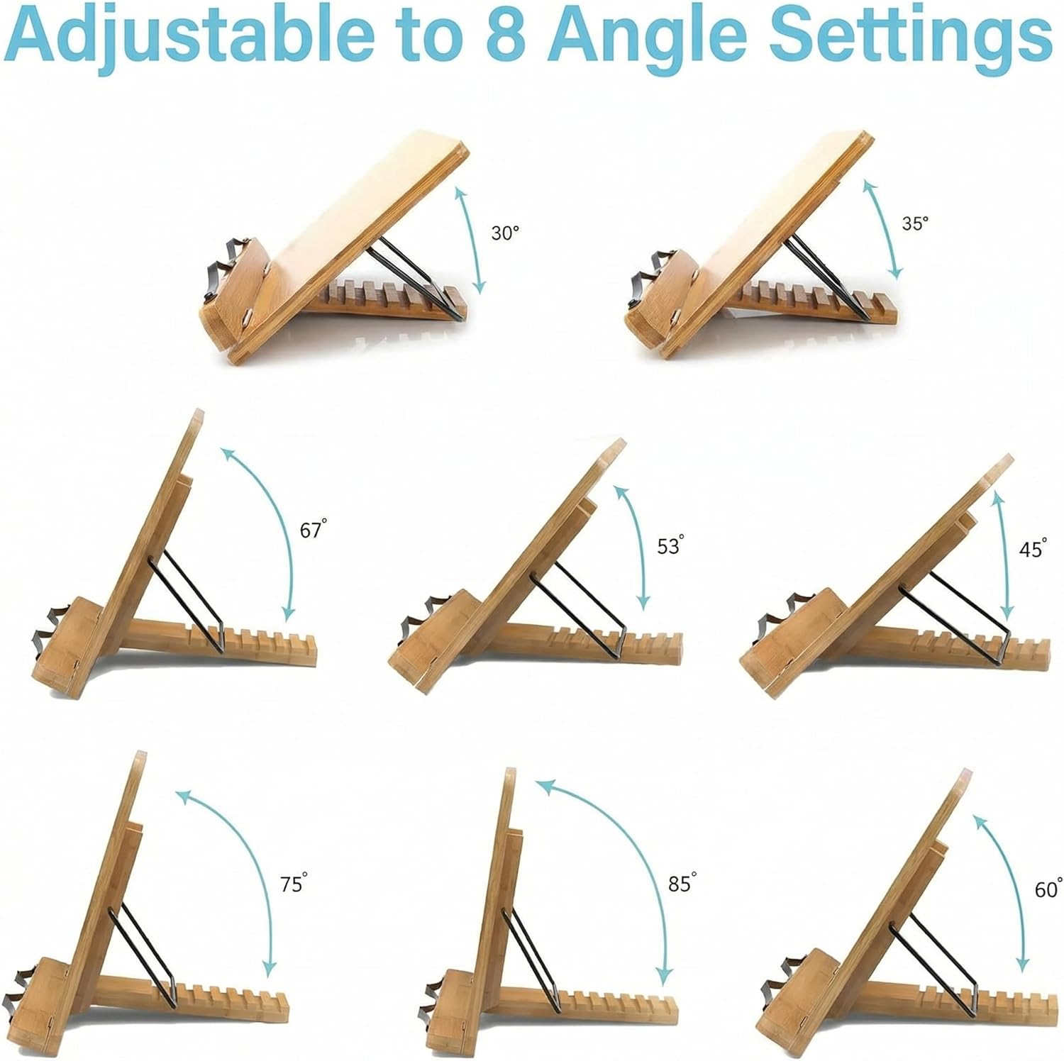 Adjustable Wooden Book Stand with Page Clips - Stable Lightweight Foldable Desktop Holder for Bible Reading Recipe Music Pad