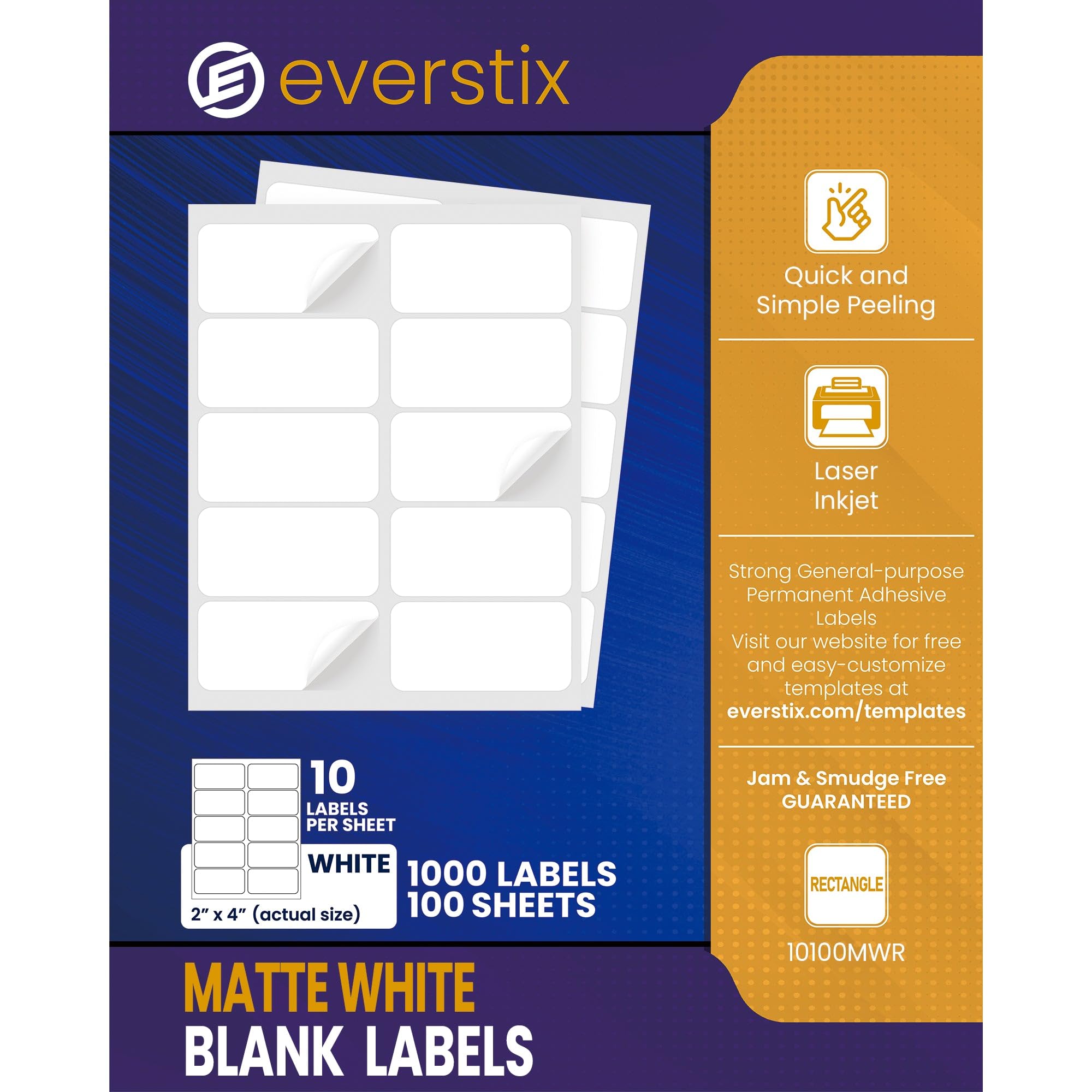 Etiquetas adhesivas blancas imprimibles fáciles de despegar, 2 x 4 pulgadas, 100 hojas, etiquetas de envío para impresoras láser y de inyección de tinta, tamaño carta