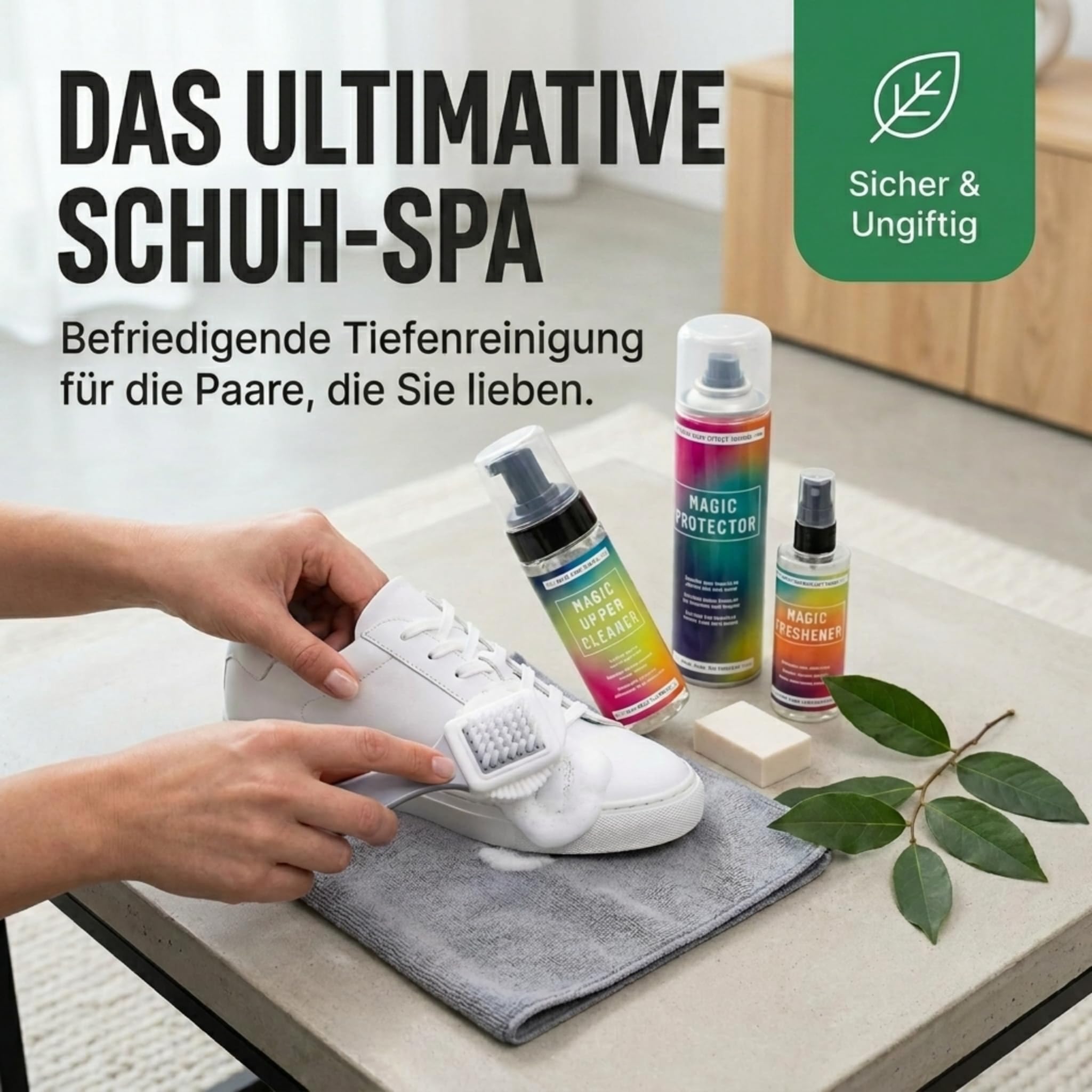 Bama Schuh Reinigungs- und Pflegeset 5-tlg. inkl. Reiniger, Imprägnierung, Schuh Deo, Bürste und Reinigungsgummi - für Stoff- und Lederschuhe
