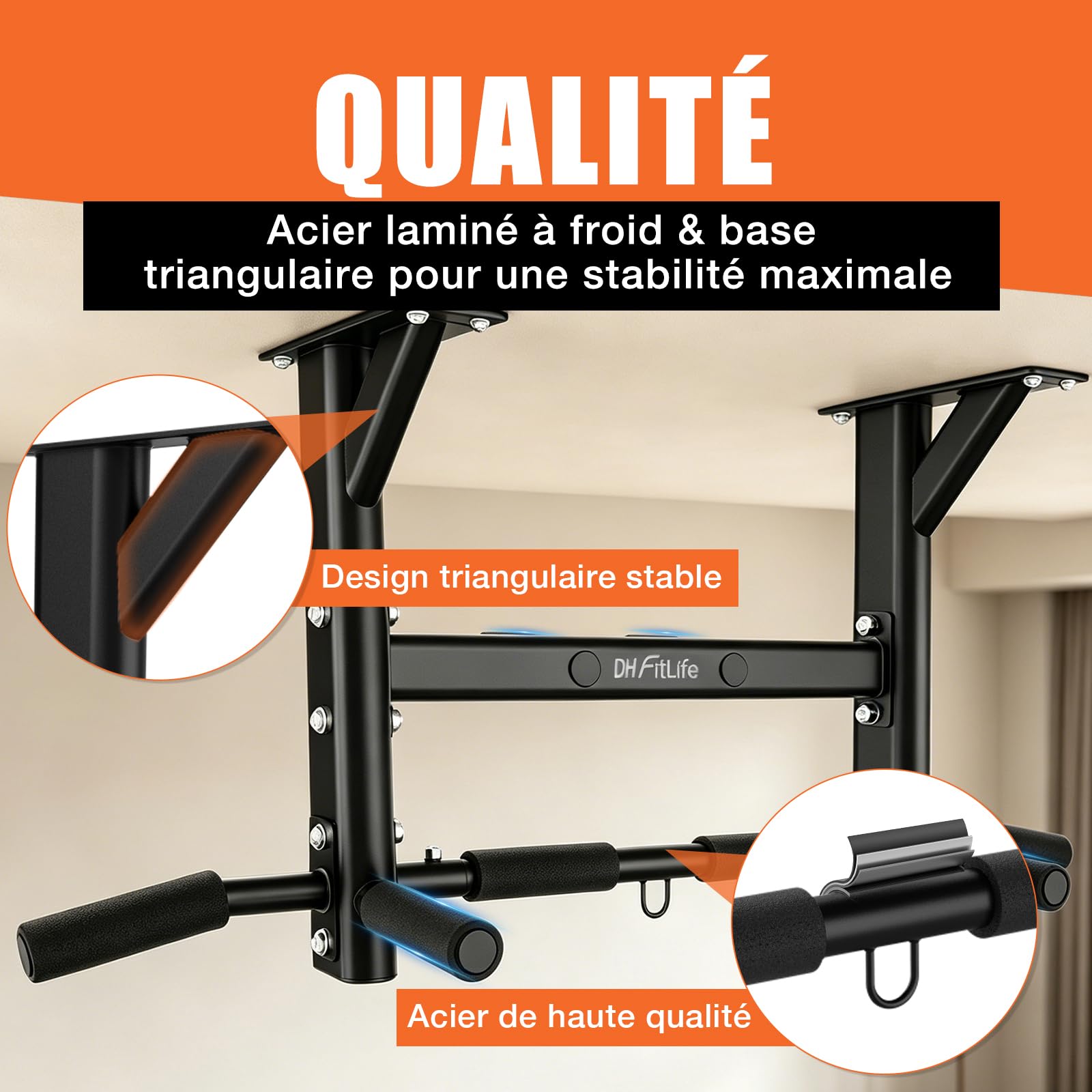 DH FitLife Barre de Traction Plafond 4-en-1, 8 Poignées, 300 kg | Montage plafond avec chevilles｜Sangle suspension incluse｜3 œillets｜Poignées antidérapantes｜Barre traction Home Gym