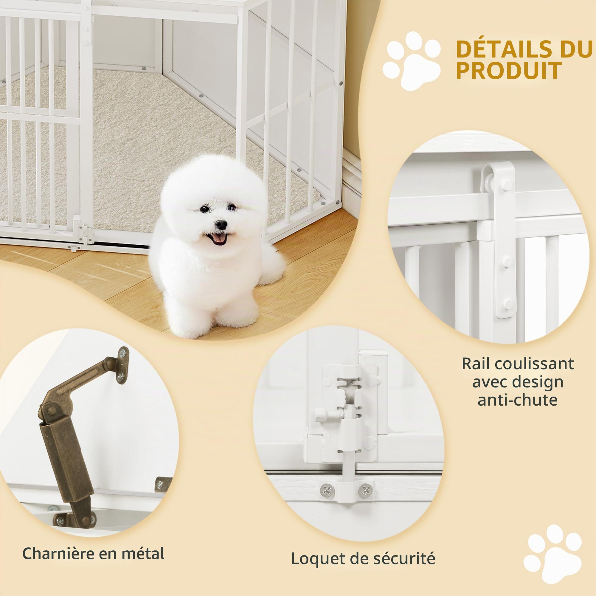 Hzuaneri Cage d'angle pour Chien, Meuble pour Cages, Niche Interieur à Chien Avec Coussins et Portes Coulissantes, Caisse avec Plateau Rabattable pour Moyen et Petit, 107x 59,6 x 64cm, Blanc DFC85903W