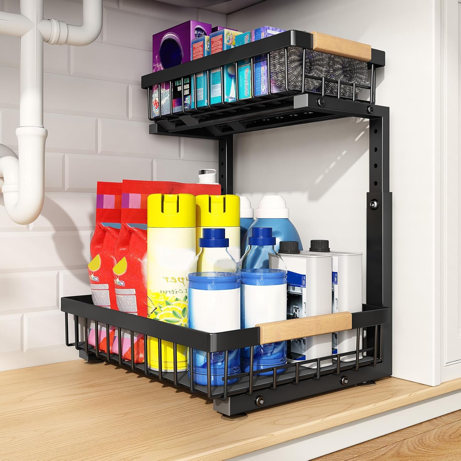 PXRACK Large Under Sink Organizer, Adjustable Height, 2-Tier Slide