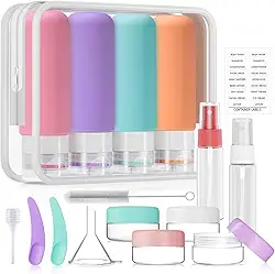 Kit Potes Frascos Silicone Viagem - Conjunto Recipientes para Cosméticos e loções Cremosas, Recipiente Espremível sem BPA, Recipiente viagem à prova vazamento 17 Peças