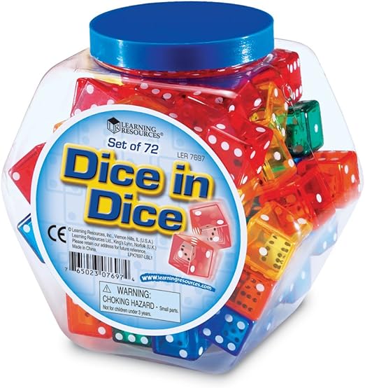 Learning Resources Dice In Dice Bucket, Math Toy, Manipulative, Set of 72, Ages 6+, Multi-color, 3/4 W in