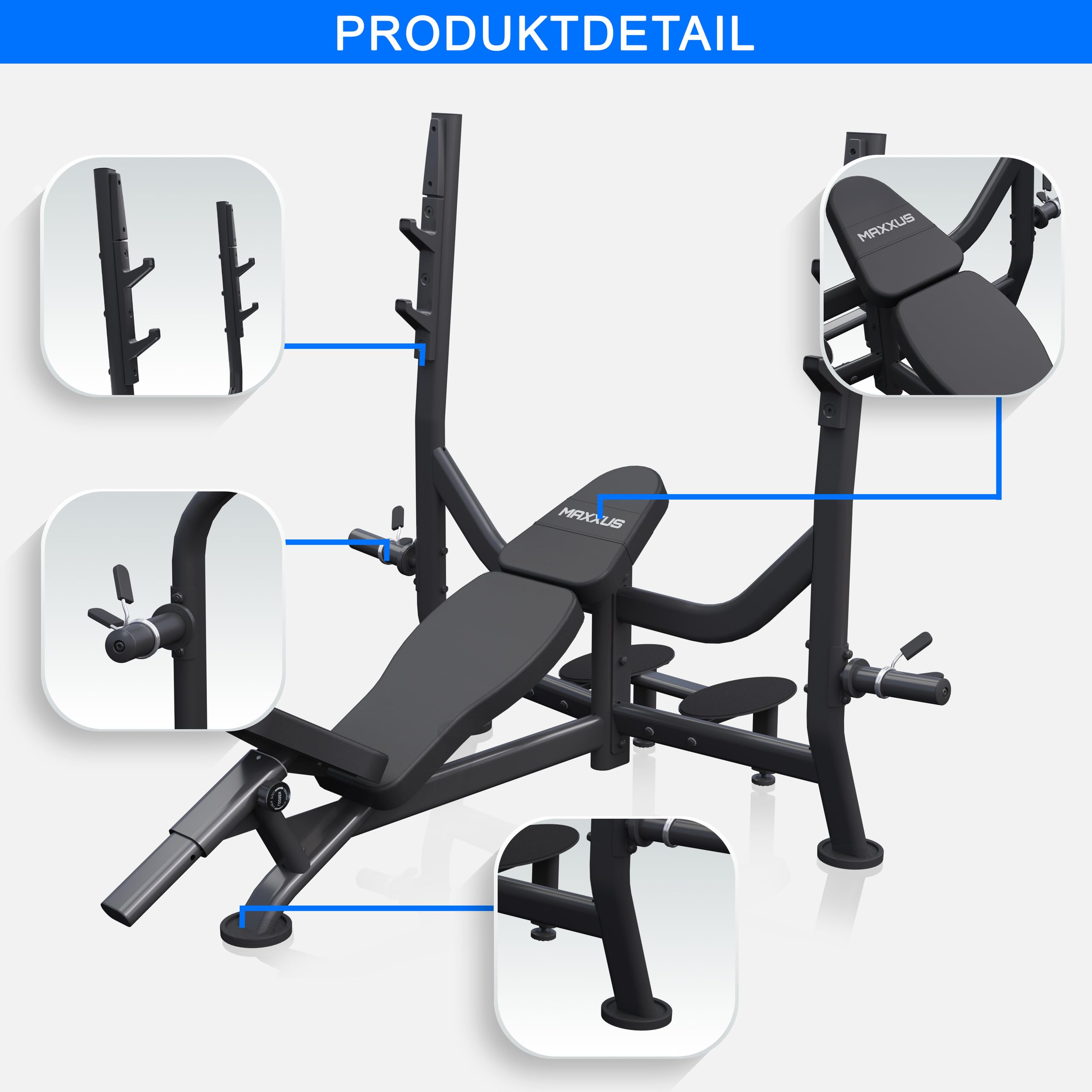 MAXXUS Panca Palestra Multifunzione con Rack - Set 60/90/130kg, Dischi Pesi 50/51mm, Bilanciere Olimpico - Panca con Porta Bilanciere, Bodybuilding Professionale a Casa