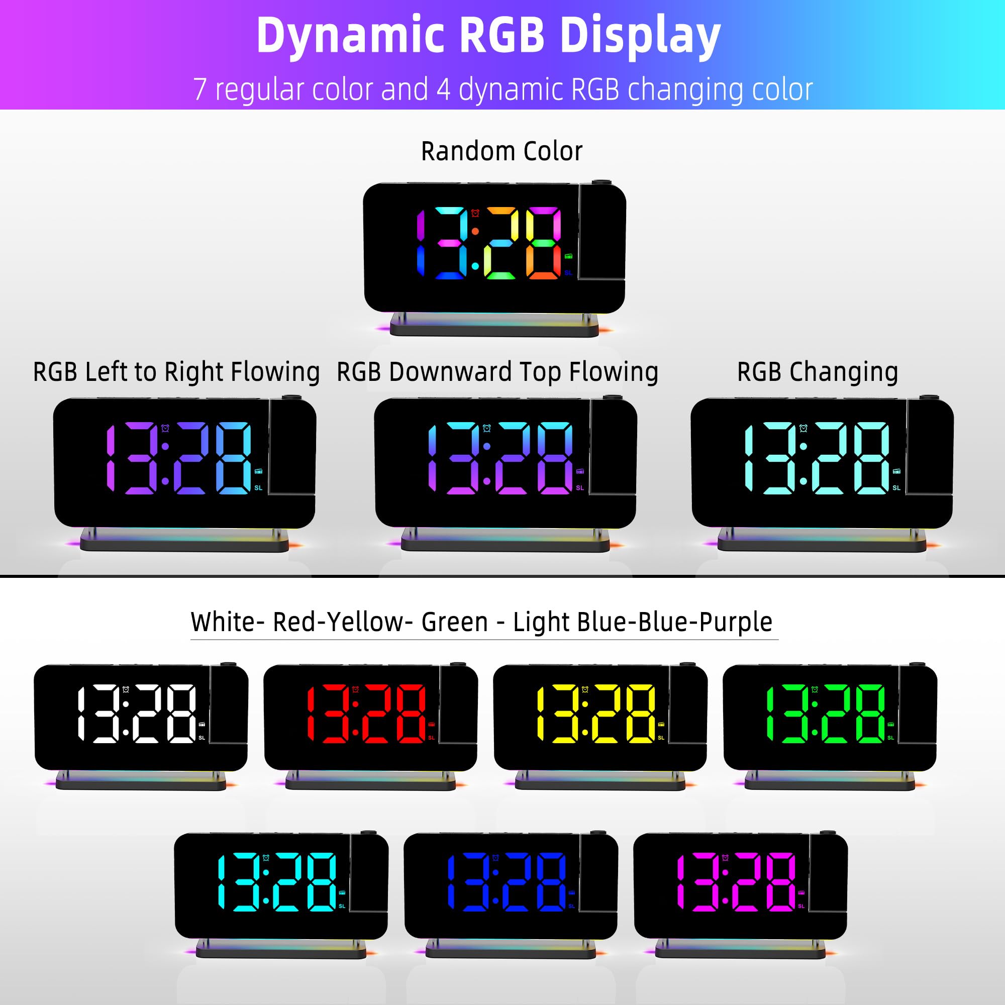 Sveglia Proiezione Specchio 11 RGB 10 Colori Luce Notturna LED Orologio da Scrivania