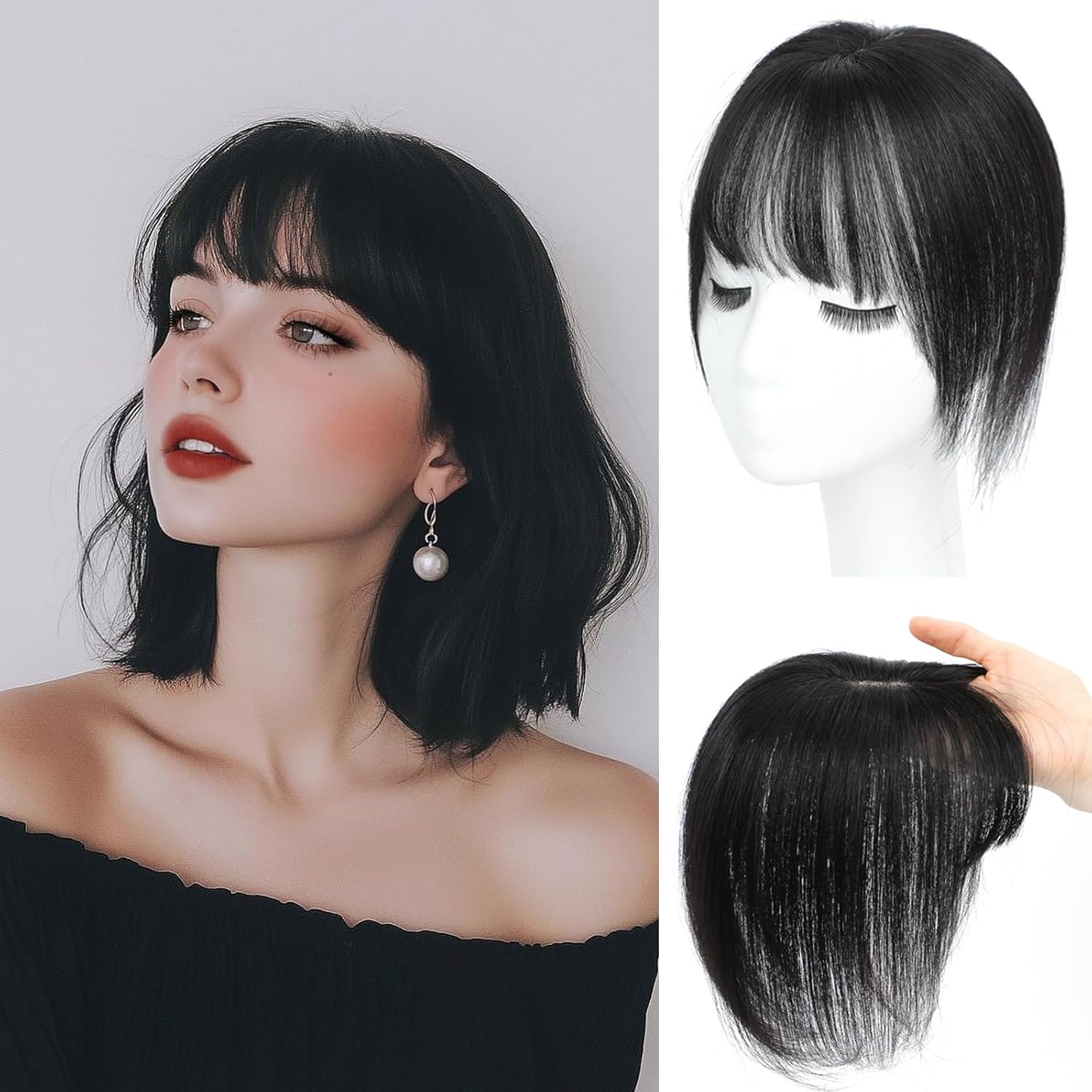 Hair Toppers for Women Real Human Hair, 360° 3D Cover Toppers Hairpieces for Women with Thinning Crown Wispy Clip in Bangs Realistic Scalp Hairline (Black, Wispy Bangs)