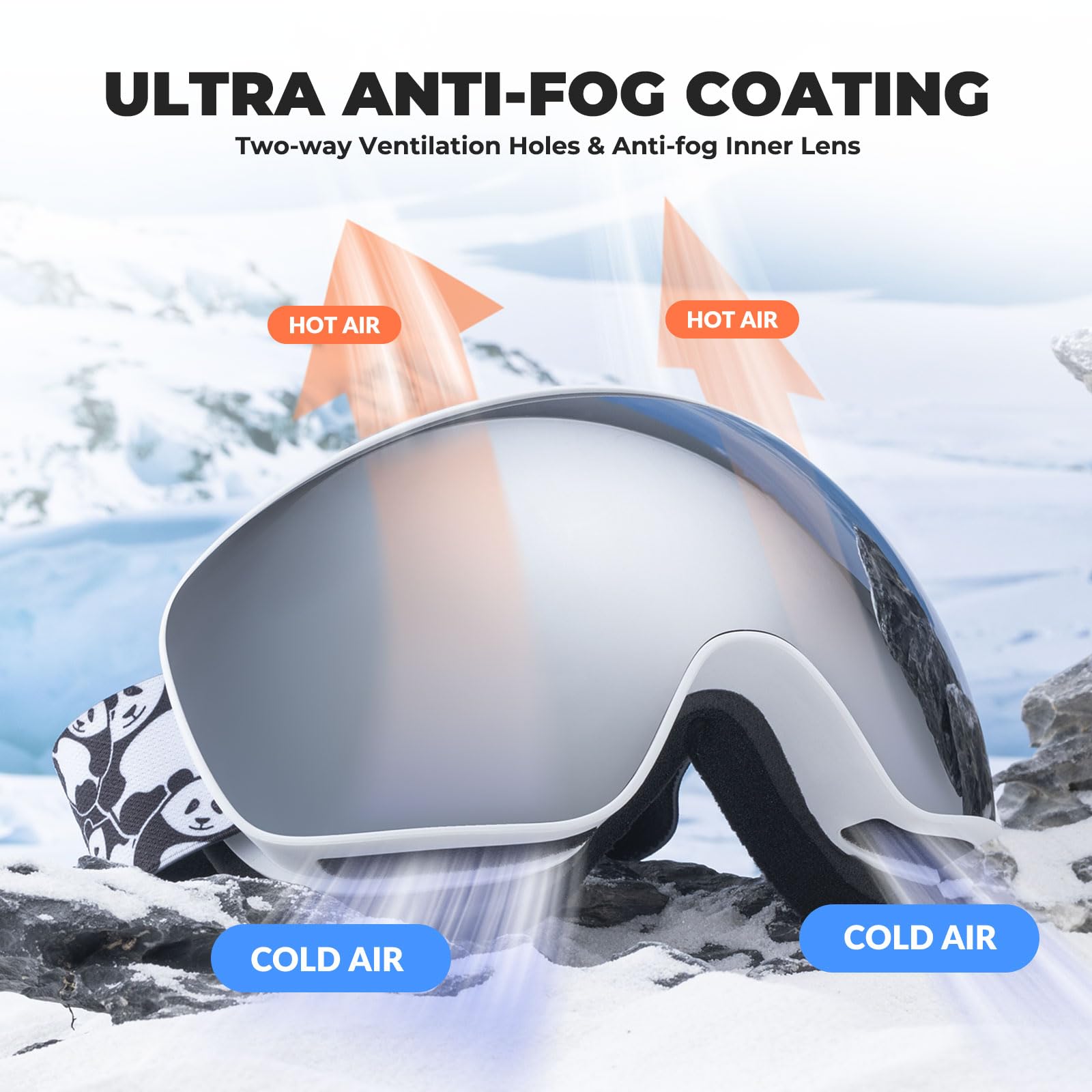 Lunettes Ski OTG Anti-Buée Panda Motif Parent-Enfant Visière Sphérique HD Snowboard Anti-UV Masque Motoneige Élastique Respirant Unisexe Adolescent Compatible avec Casque Grand Vision Hiver