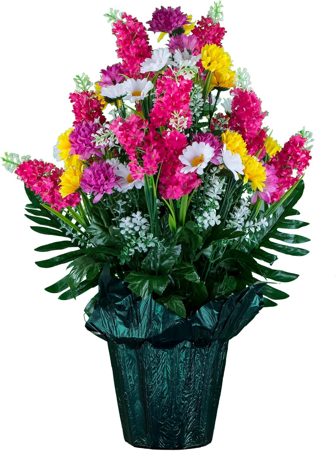 Sympathy Silks Artificial Flowers - Weighted Pot Bouquet Decoration - Outdoor Yard or Porch Décor - Graveside Flowers - Pink Yellow White Wildflowers in Pot