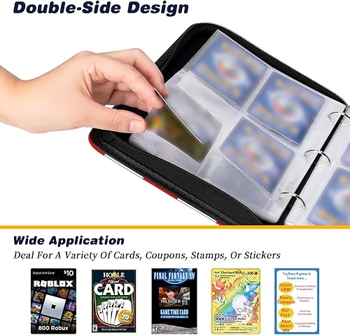 Miniatura 5 de Carpeta de tarjetas para tarjetas TCG, 4 bolsillos portátil coleccionista de tarjetas con 50 fundas extraíbles, carpeta de tarjetas intercambiables,