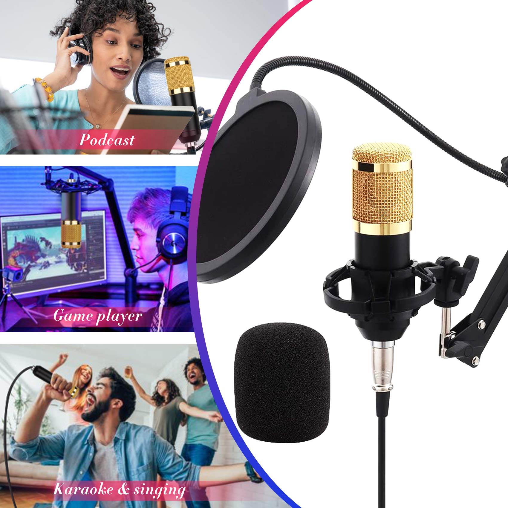 Pacchetto Microfono A Condensatore V8, Kit Microfono Bm-800 con Scheda Audio Live, per Registrazione, Voice Over, Streaming, Home Studio,