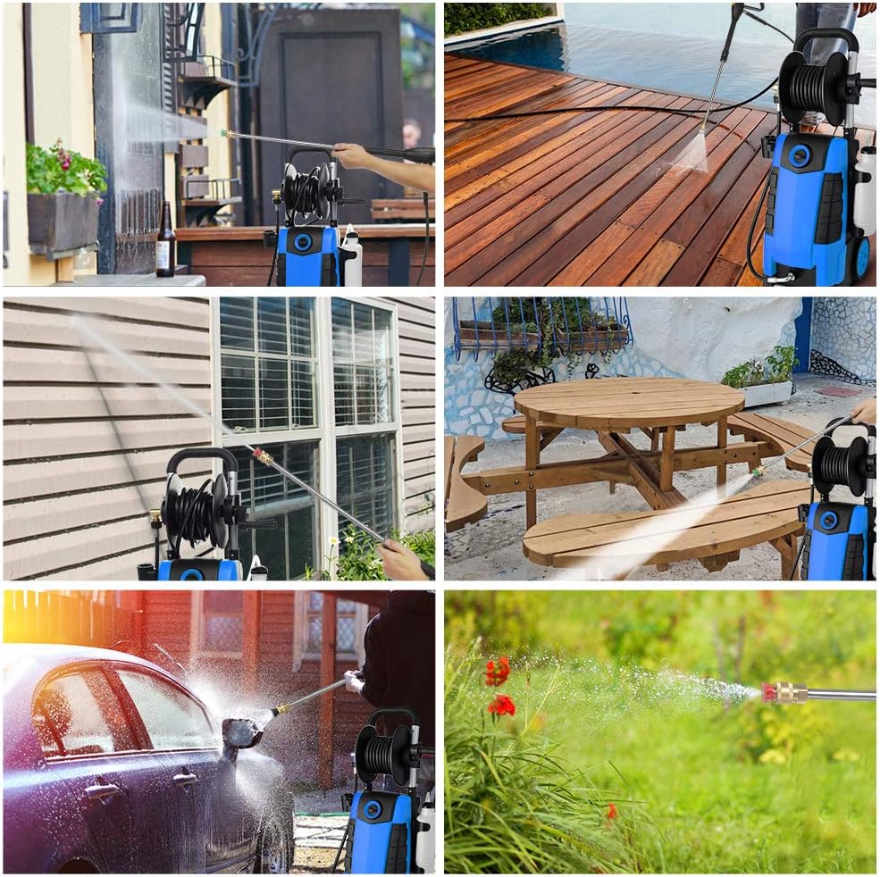 Best Deal TEANDE Electric Pressure Washer Electric Power Washer High Pressure Washer with Hose Reels 5 Nozzles Detergent Tank