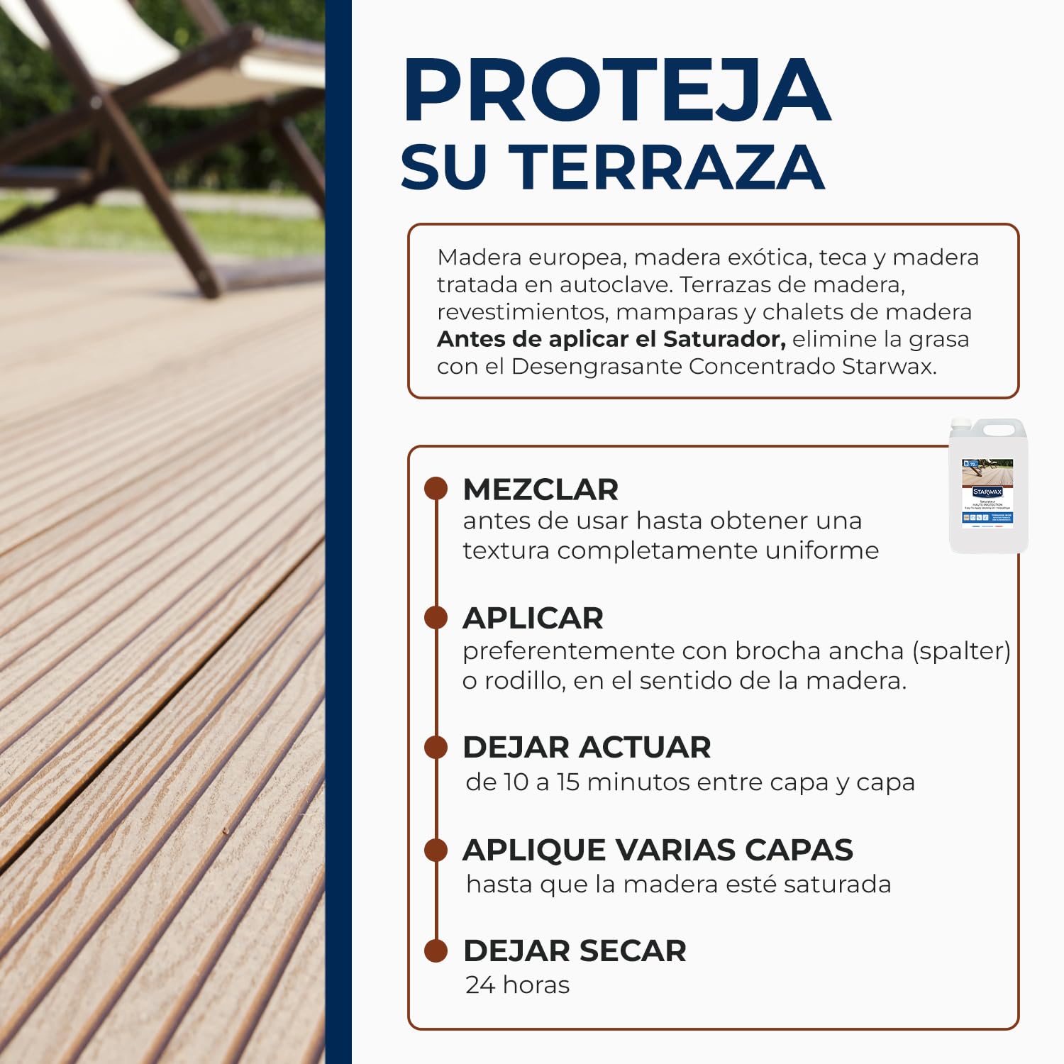STARWAX - Saturador Alta protección - Incoloro - rápido - Protege y nutre en profundidad las fibras de la madera - Resistente a la intemperie - Secado rápido - Sin olor - 6L