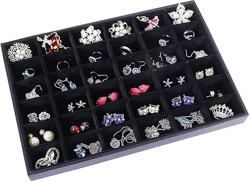 Bandeja apilable de terciopelo negro con 36 compartimentos, organizador de exhibición, caja de almacenamiento rectangular, caja de almacenamiento