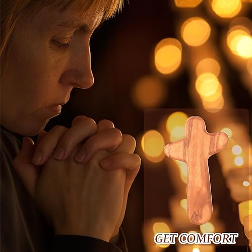 Miniatura 6 de Chuangdi Juego de 50 cruces pequeñas de madera de olivo con bolsas de lino y algodón y tarjetas de oración de 2.5 pulgadas, bolsillo de Jesús que se