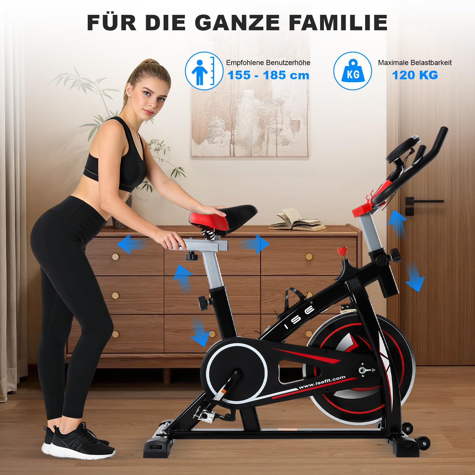 ISE Heimtrainer Fahrrad für zuhause mit LCD Display,Ergometer Fahrrad mit 8kg Schwungrad,Indoor Bike Fitnessbike Heimtrainer mit flüsterleise Riemenantrieb,Stationäres Fitnessbike für Zuhause
