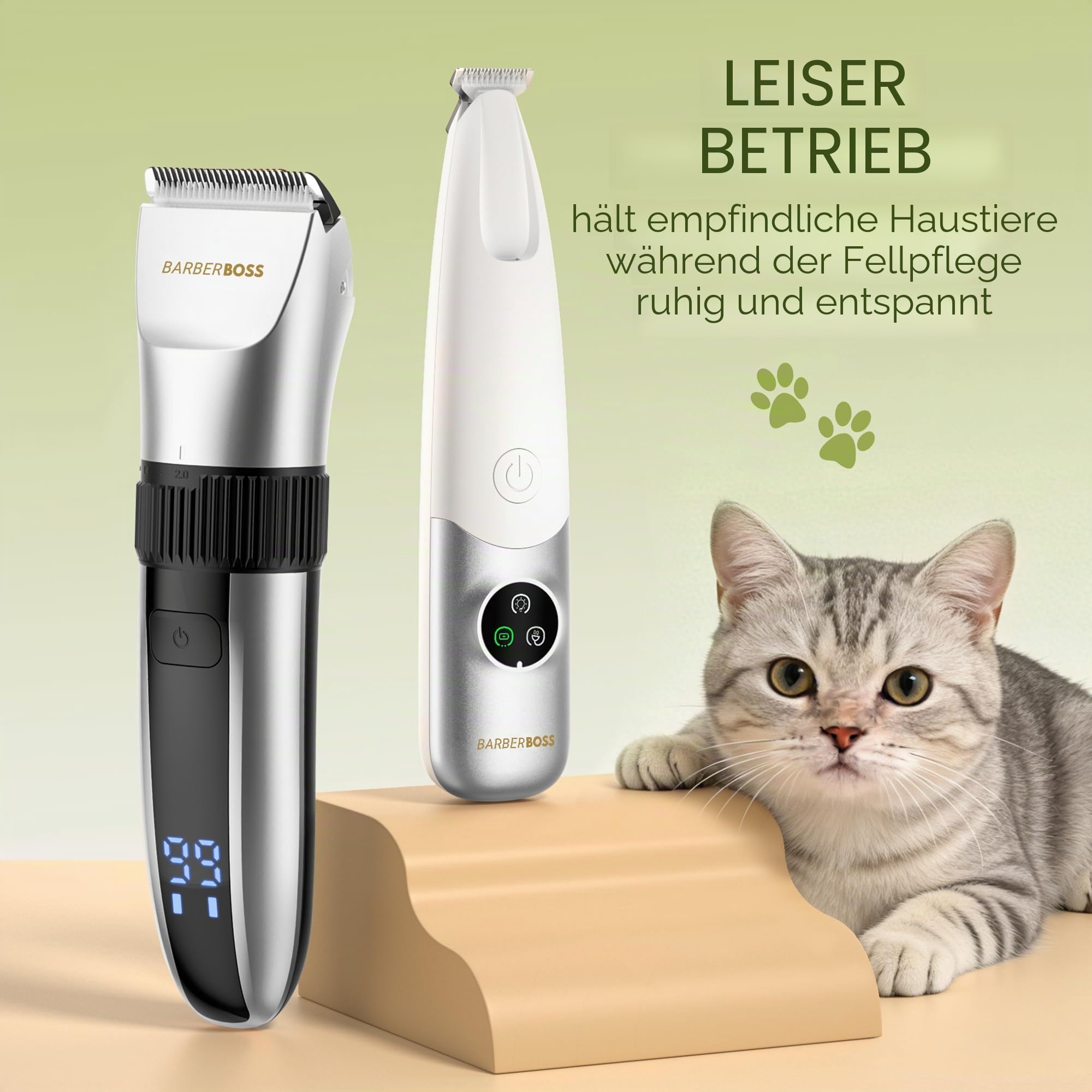 BarberBoss Kabelloser Haustier-Fellpflege-Clipper, Keramikklingen, LED-Display, schnelles Aufladen, elektrische Haustierschneidemaschine für Hunde und Katzen (Silber und Weiß) | Für Hunde und Katzen, Geräuscharm, LED-Anzeige, Wasserdicht, USB-aufladbar, K