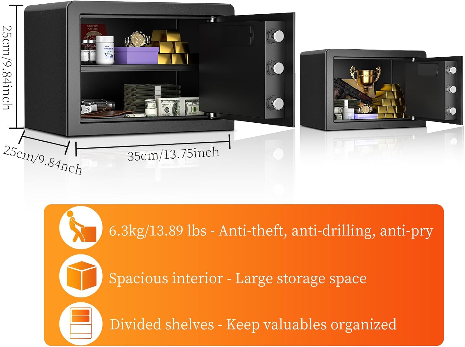 Image showing the dimensions of the safe: 25cm height, 25cm depth, 35cm width. Also highlights features like anti-theft, spacious interior, and divided shelves.