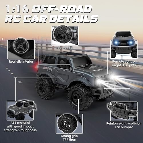 Miniatura 4 de FUUY Large Remote Control Car with Spare Tire, 116 RC Cars with LED Lights & Driving Demo, 2.4GHz Remote Control Jeep Truck for 120 Mins Play, All
