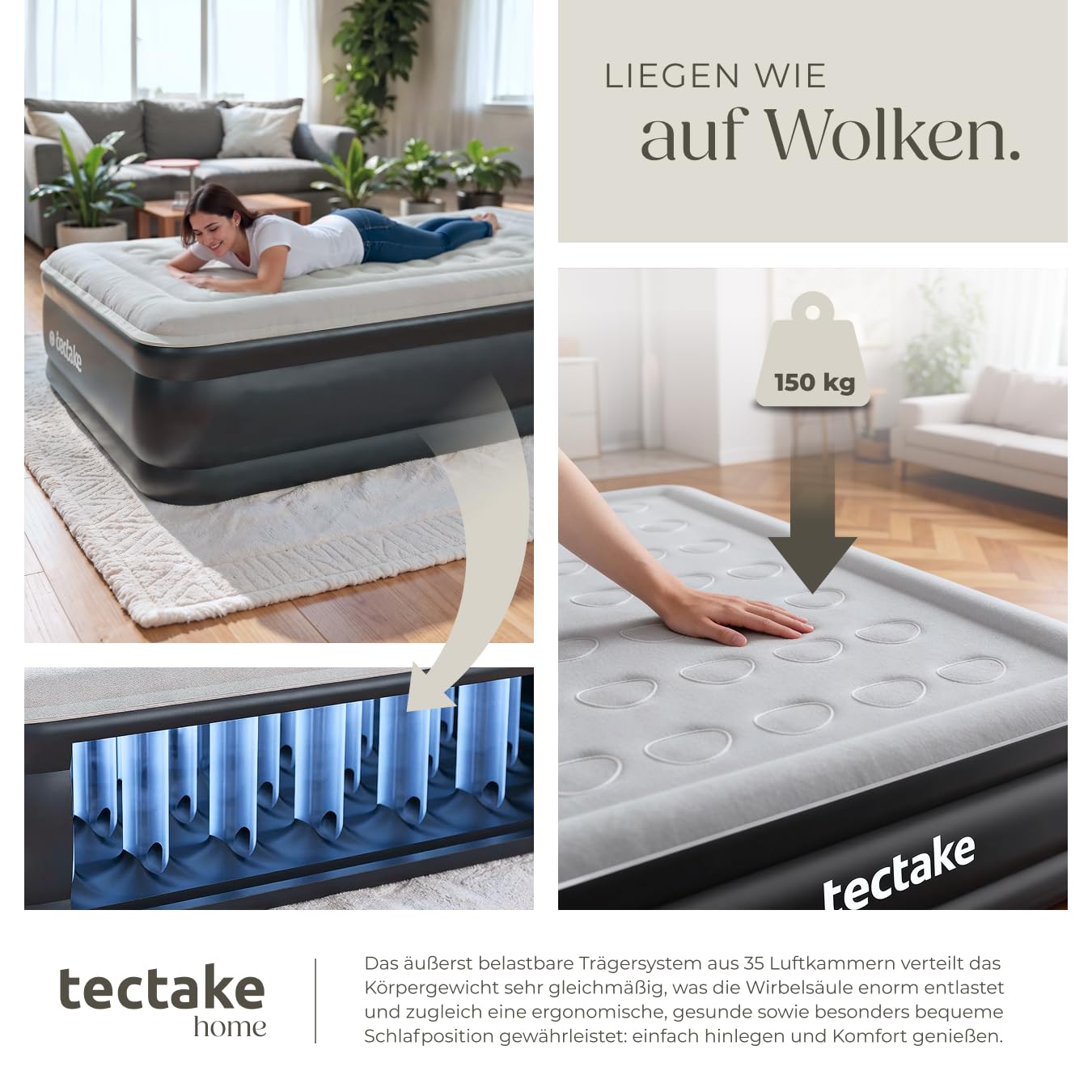 tectake® aufblasbare Matratze, Schlafmatratze, Bett mit Elektropumpe, Luftmatratze selbstaufblasend, Luftbett, Reisebett für Camping, als Gästebett, mit Transporttasche - 200 x 101 x 44 cm