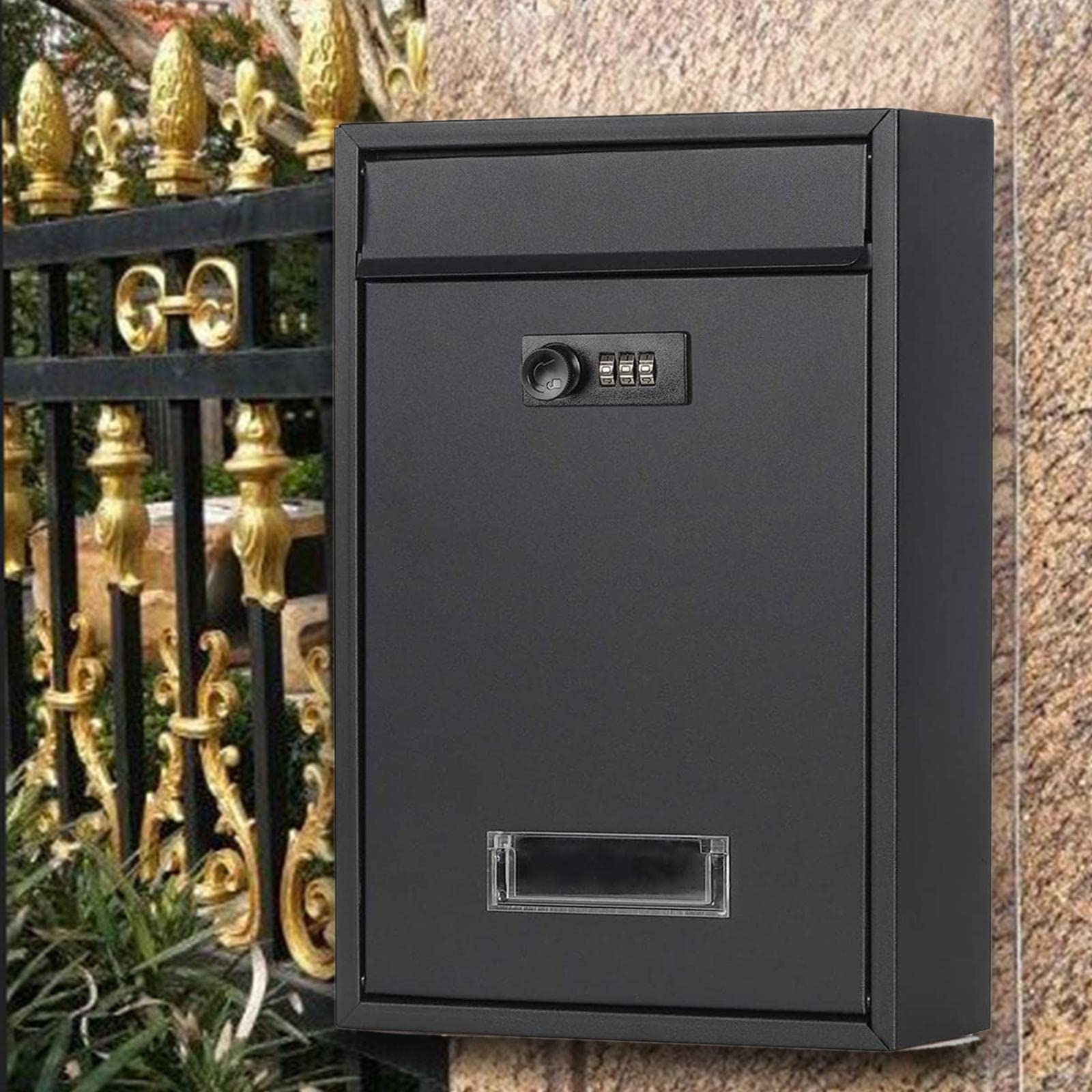 LOVIVER Buzón de pared con bloqueo de gran capacidad, con bloqueo de código, hierro externo para puerta delantera, decoración del hogar, oficina, carga de periódicos