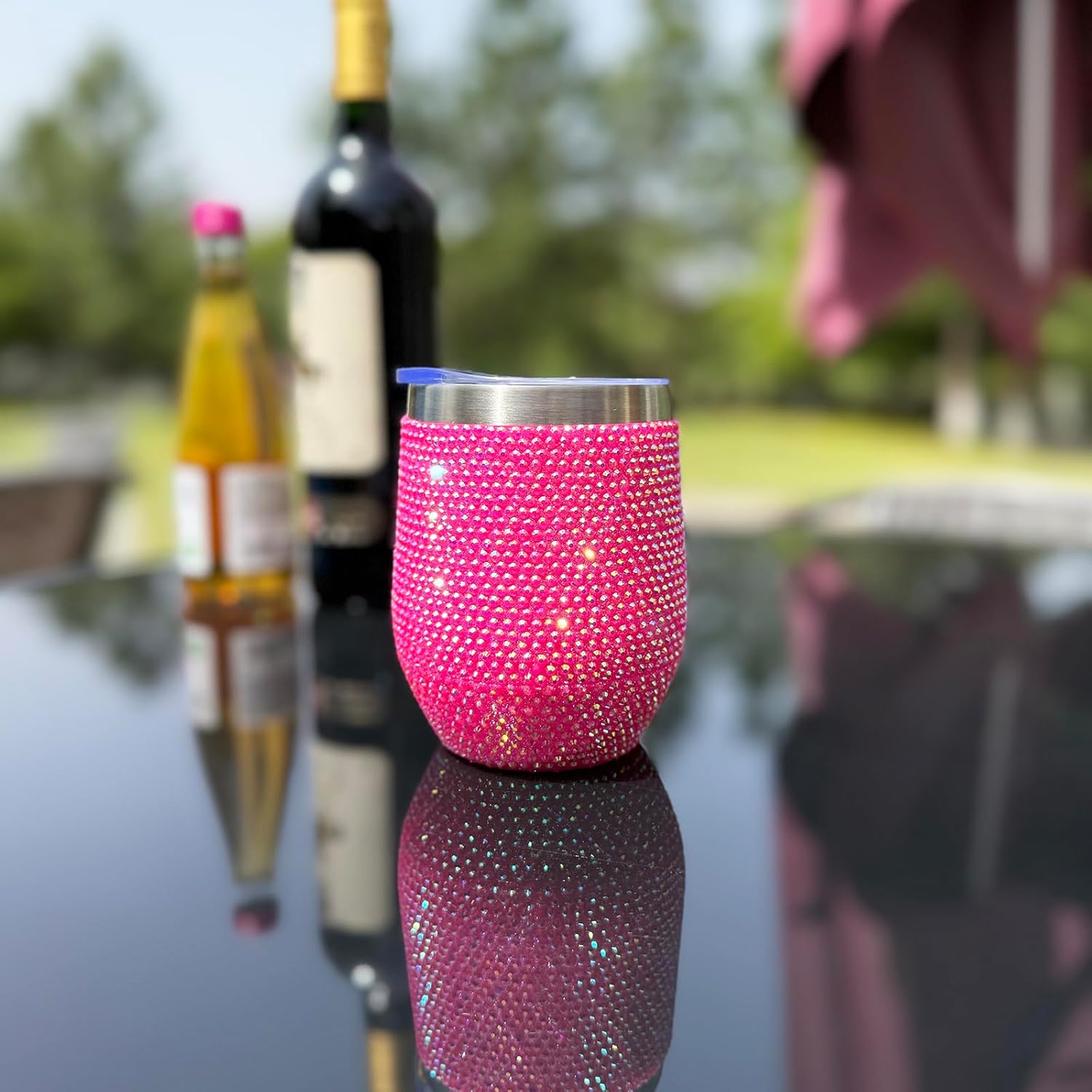 12 oz Bling Wine Tumbler with Lid Rhinestone Insulated Wine Glass Tumbler Double-Wall Vacuum Stainless Steel Coffee Mug Sparkly Travel Cup for Beer Champaign Cocktail (Hot Pink) - Image 6