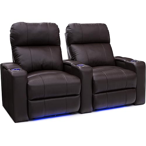 Seatcraft Julius - Big & Tall - Home Theater Seating - Living Room - 400 lbs Capacity - Italian Leather - Power Recline - Powered Headrest - USB Charging, Cupholders, Arm Storage, Row of 2, Brown